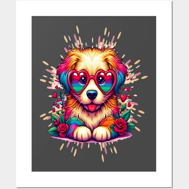 Rainbow Cute Dog Wearing Glasses Heart Puppy Love Dog Funny Wall Art by WOLVES STORE